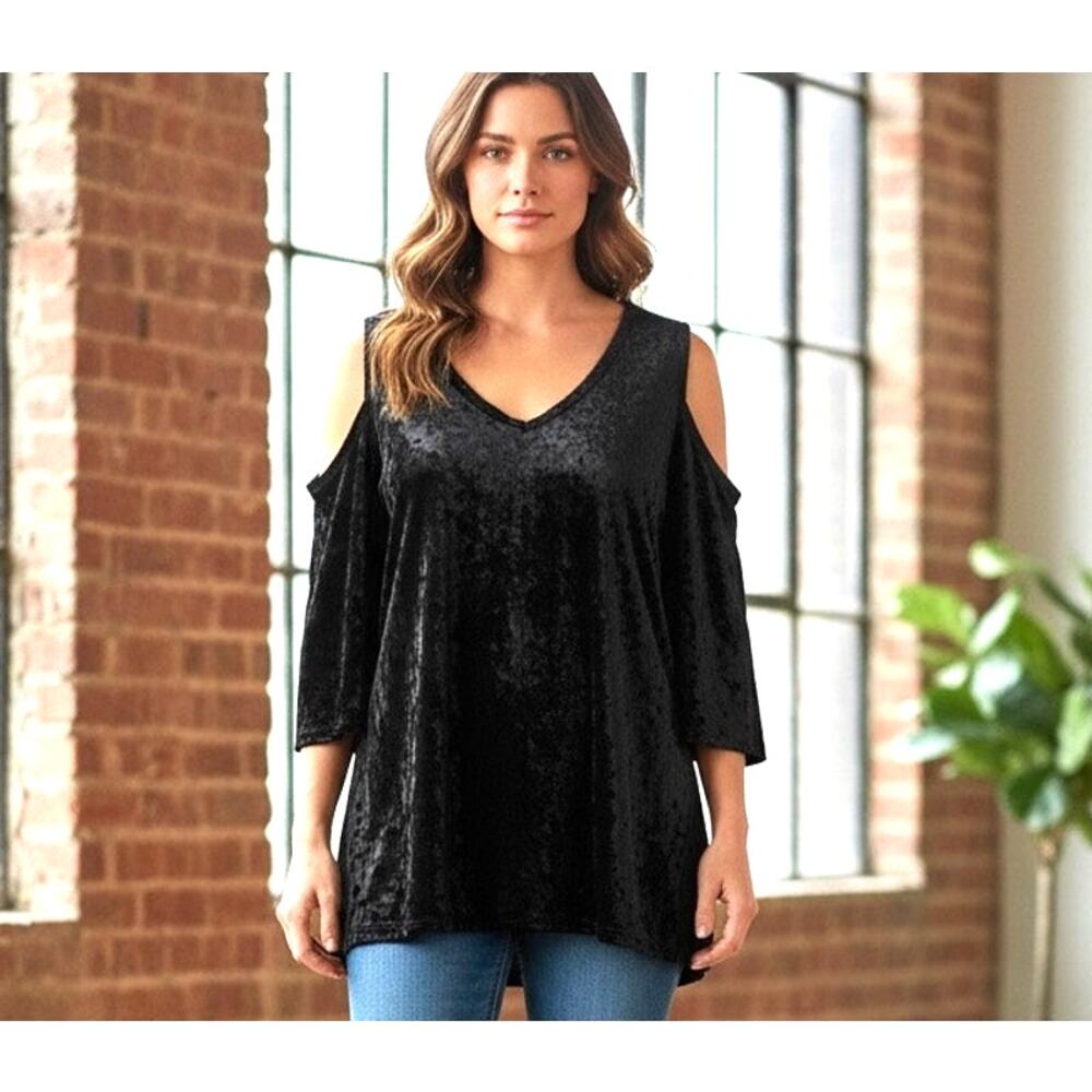 J&M Clothing Velvet Top Whimsey Goth Boho Open Shoulder Hi Low Black SZ SM USA